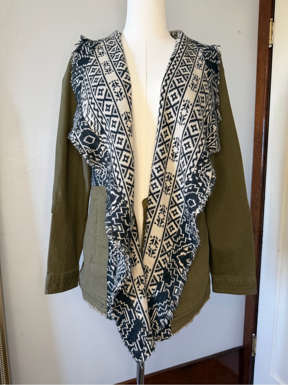 Natural Reflections Olive Green Jacket with Black & Cream Aztec Trim